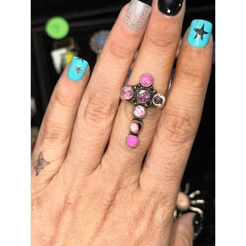 Cotton Candy Pink Cross Sterling Silver Overlay Ring Size 9